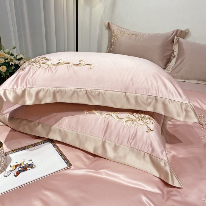 91家纺网 家纺一手货源 找家纺 优悦生活馆 2021新款冰丝绣花四件套-奥丁-梦幻粉