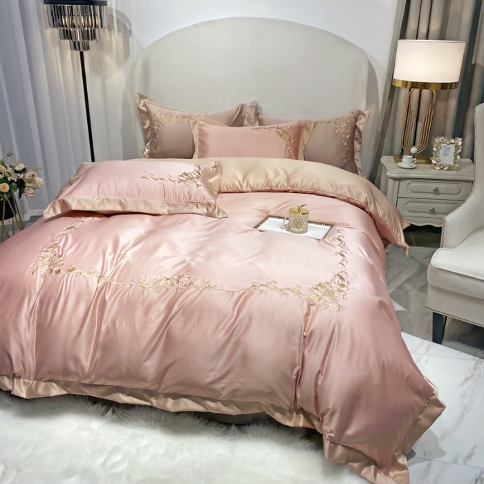 91家纺网 家纺一手货源 找家纺 优悦生活馆 2021新款冰丝绣花四件套-奥丁-梦幻粉