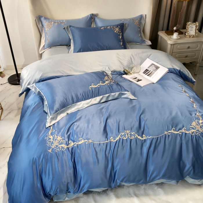 91家纺网 家纺一手货源 找家纺 优悦生活馆 2021新款冰丝绣花四件套-奥丁-蔚蓝