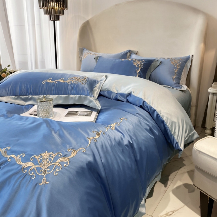 91家纺网 家纺一手货源 找家纺 优悦生活馆 2021新款冰丝绣花四件套-奥丁-蔚蓝