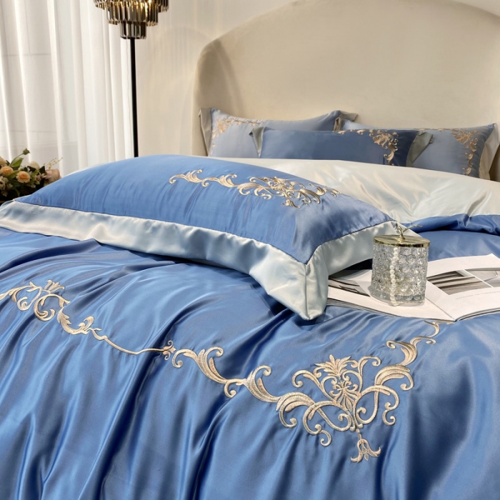 91家纺网 家纺一手货源 找家纺 优悦生活馆 2021新款冰丝绣花四件套-奥丁-蔚蓝