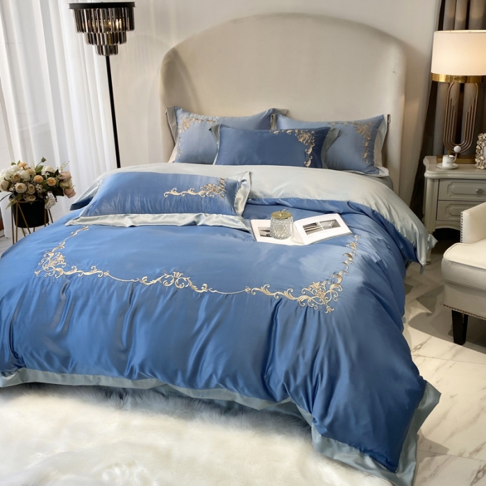 91家纺网 家纺一手货源 找家纺 优悦生活馆 2021新款冰丝绣花四件套-奥丁-蔚蓝