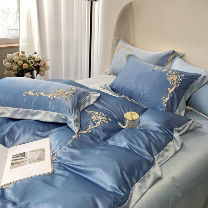 91家纺网 家纺一手货源 找家纺 优悦生活馆 2021新款冰丝绣花四件套-奥丁-蔚蓝