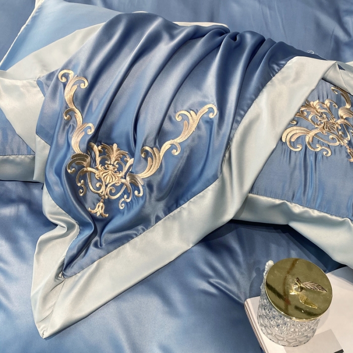 91家纺网 家纺一手货源 找家纺 优悦生活馆 2021新款冰丝绣花四件套-奥丁-蔚蓝