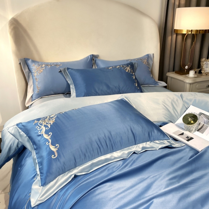 91家纺网 家纺一手货源 找家纺 优悦生活馆 2021新款冰丝绣花四件套-奥丁-蔚蓝