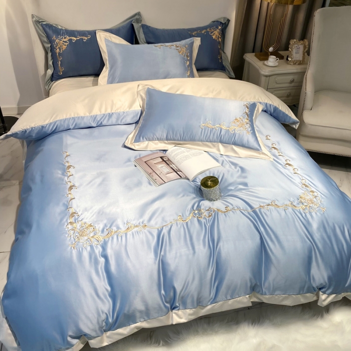 91家纺网 家纺一手货源 找家纺 优悦生活馆 2021新款冰丝绣花四件套-奥丁-星光蓝