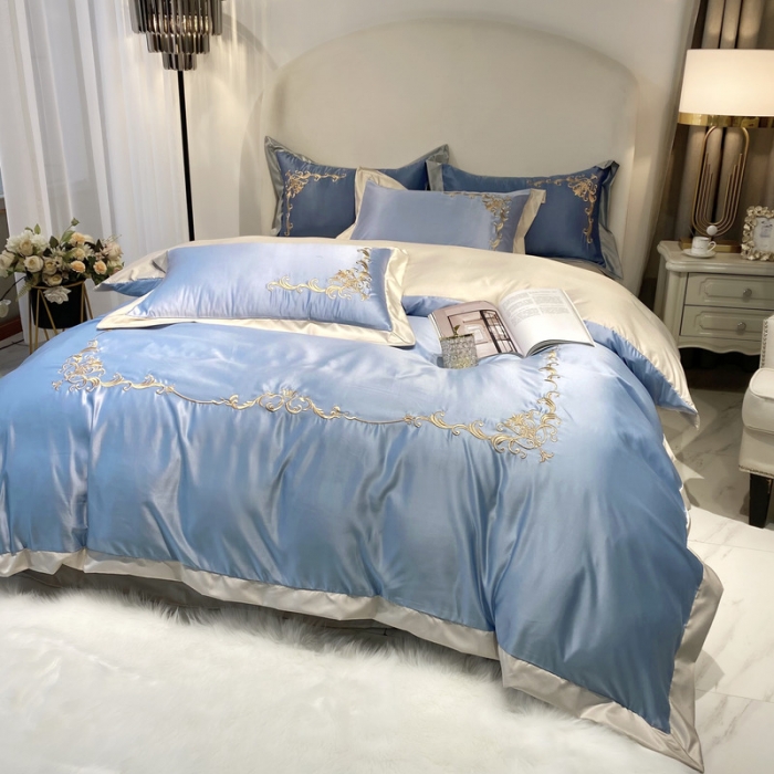 91家纺网 家纺一手货源 找家纺 优悦生活馆 2021新款冰丝绣花四件套-奥丁-星光蓝