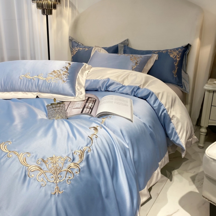 91家纺网 家纺一手货源 找家纺 优悦生活馆 2021新款冰丝绣花四件套-奥丁-星光蓝