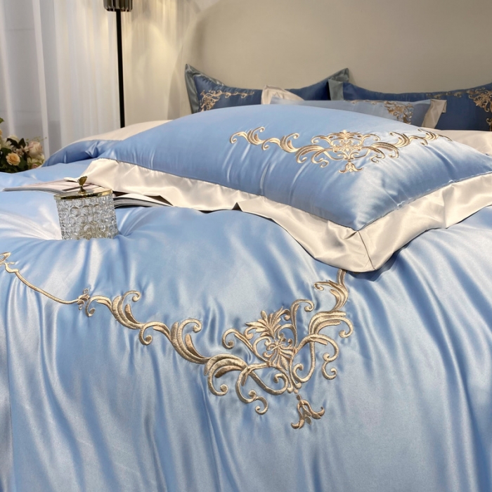 91家纺网 家纺一手货源 找家纺 优悦生活馆 2021新款冰丝绣花四件套-奥丁-星光蓝