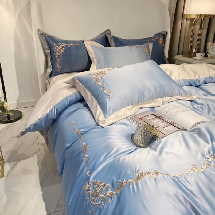 91家纺网 家纺一手货源 找家纺 优悦生活馆 2021新款冰丝绣花四件套-奥丁-星光蓝