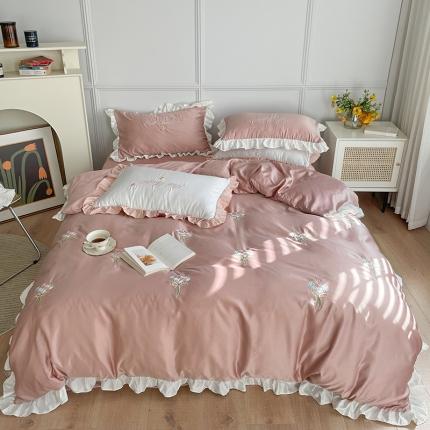 91家纺网 家纺一手货源 找家纺 优悦生活馆 2021新款冰丝绣花四件套-花溪 豆沙