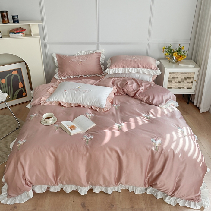 91家纺网 家纺一手货源 找家纺 优悦生活馆 2021新款冰丝绣花四件套-花溪 豆沙