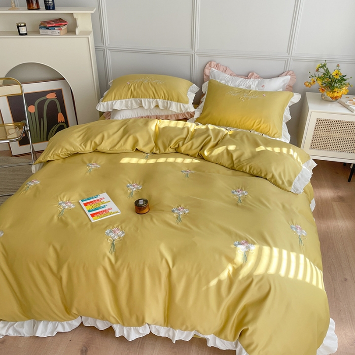 91家纺网 家纺一手货源 找家纺 优悦生活馆 2021新款冰丝绣花四件套-花溪亮黄