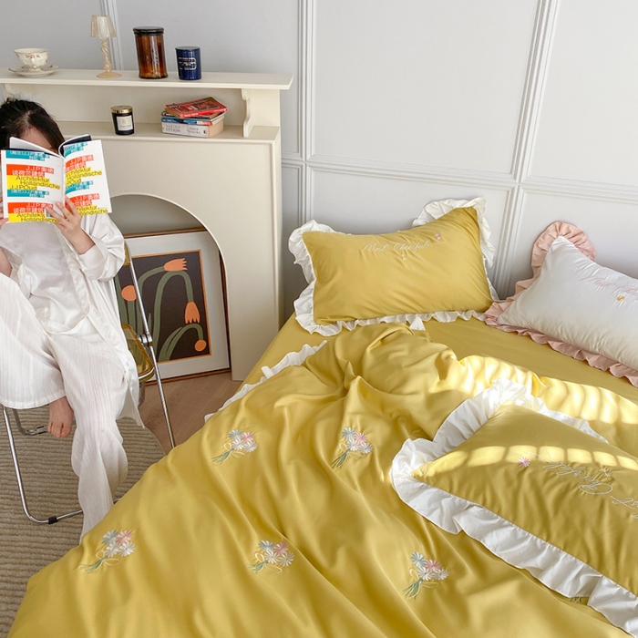 91家纺网 家纺一手货源 找家纺 优悦生活馆 2021新款冰丝绣花四件套-花溪亮黄