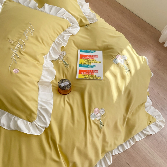 91家纺网 家纺一手货源 找家纺 优悦生活馆 2021新款冰丝绣花四件套-花溪亮黄