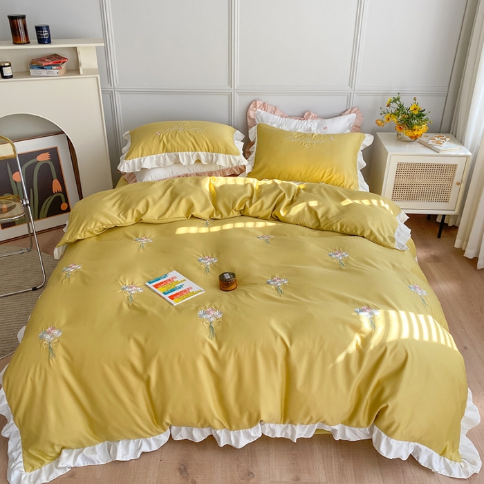 91家纺网 家纺一手货源 找家纺 优悦生活馆 2021新款冰丝绣花四件套-花溪亮黄