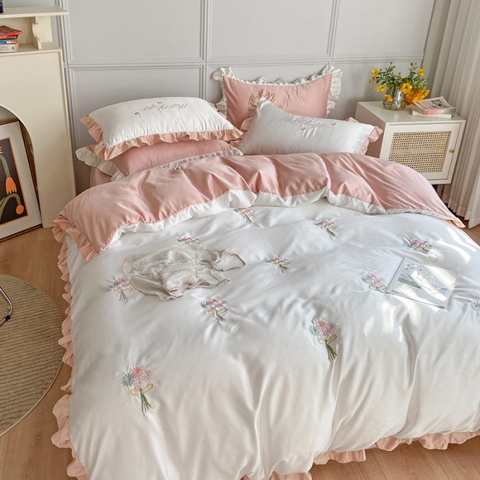 91家纺网 家纺一手货源 找家纺 优悦生活馆 2021新款冰丝绣花四件套-花溪 奶油白