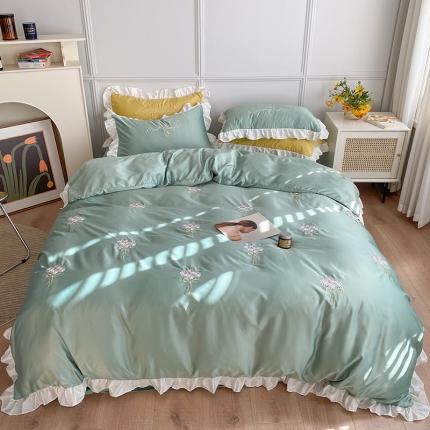 91家纺网 家纺一手货源 找家纺 优悦生活馆 2021新款冰丝绣花四件套-花溪 嫩绿