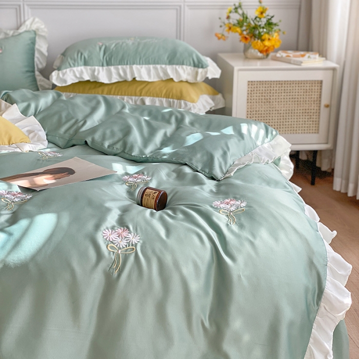 91家纺网 家纺一手货源 找家纺 优悦生活馆 2021新款冰丝绣花四件套-花溪 嫩绿