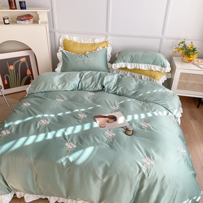 91家纺网 家纺一手货源 找家纺 优悦生活馆 2021新款冰丝绣花四件套-花溪 嫩绿