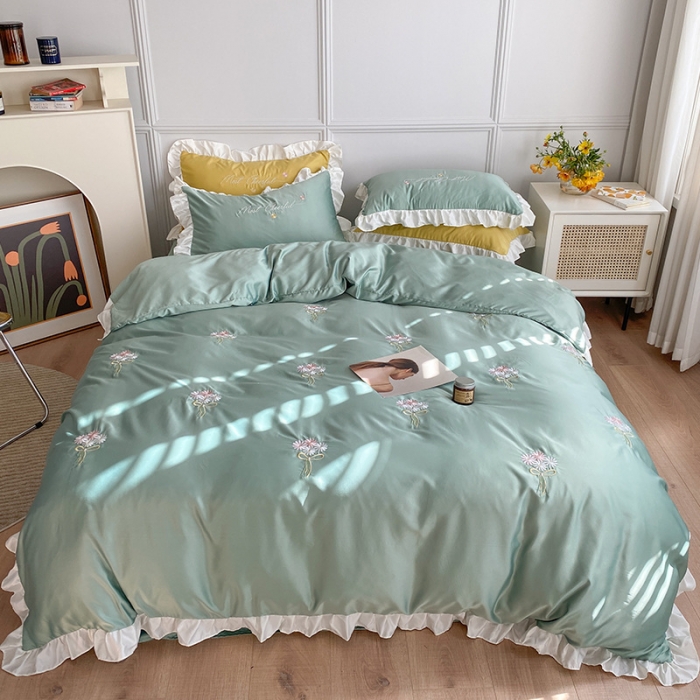 91家纺网 家纺一手货源 找家纺 优悦生活馆 2021新款冰丝绣花四件套-花溪 嫩绿