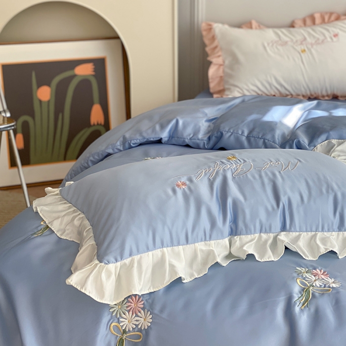 91家纺网 家纺一手货源 找家纺 优悦生活馆 2021新款冰丝绣花四件套-花溪 浅蓝