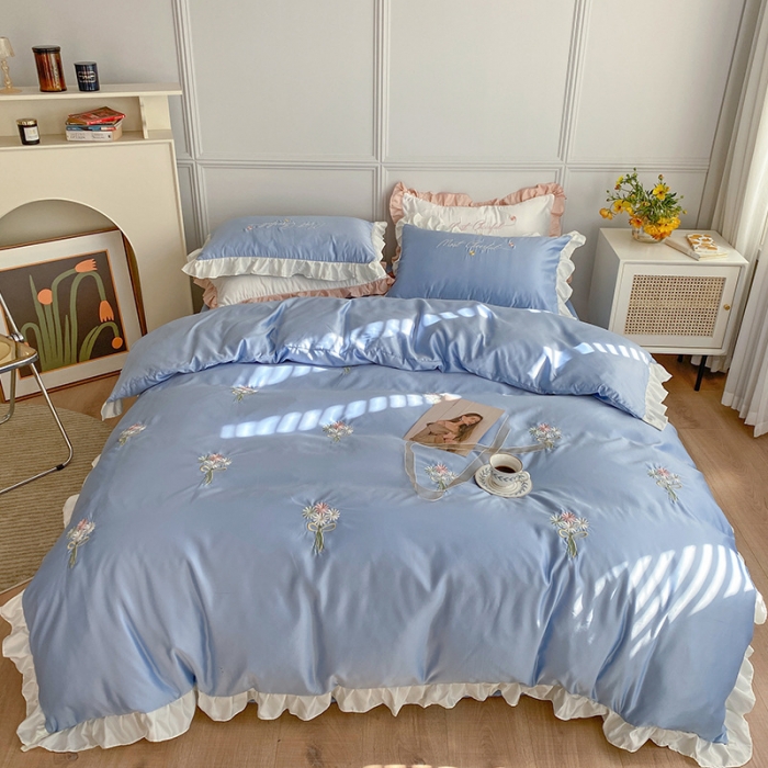 91家纺网 家纺一手货源 找家纺 优悦生活馆 2021新款冰丝绣花四件套-花溪 浅蓝