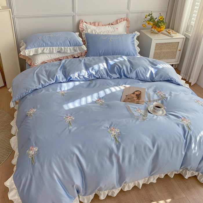 91家纺网 家纺一手货源 找家纺 优悦生活馆 2021新款冰丝绣花四件套-花溪 浅蓝
