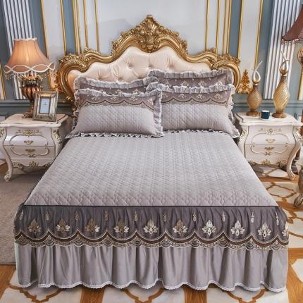 91家纺网 家纺一手货源 找家纺 雪夫人2023韩版全棉绣花蕾丝床裙四件套纯棉三件套 灰色