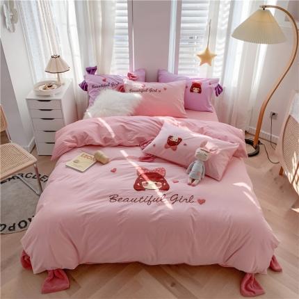 91家纺网 家纺一手货源 找家纺 蜜柚2021全棉水洗棉卡通毛巾绣小清新床单四件套可爱女孩-粉