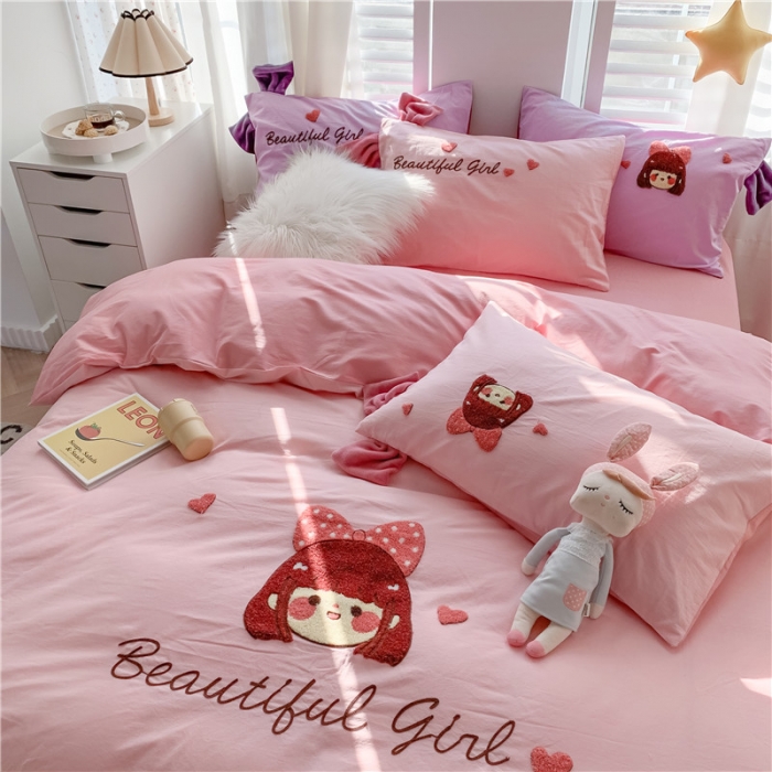 91家纺网 家纺一手货源 找家纺 蜜柚2021全棉水洗棉卡通毛巾绣小清新床单四件套可爱女孩-粉