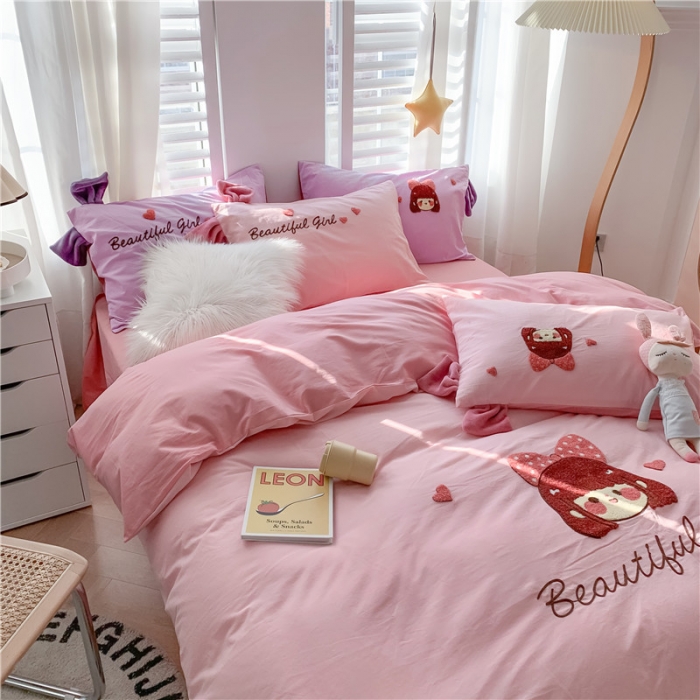 91家纺网 家纺一手货源 找家纺 蜜柚2021全棉水洗棉卡通毛巾绣小清新床单四件套可爱女孩-粉