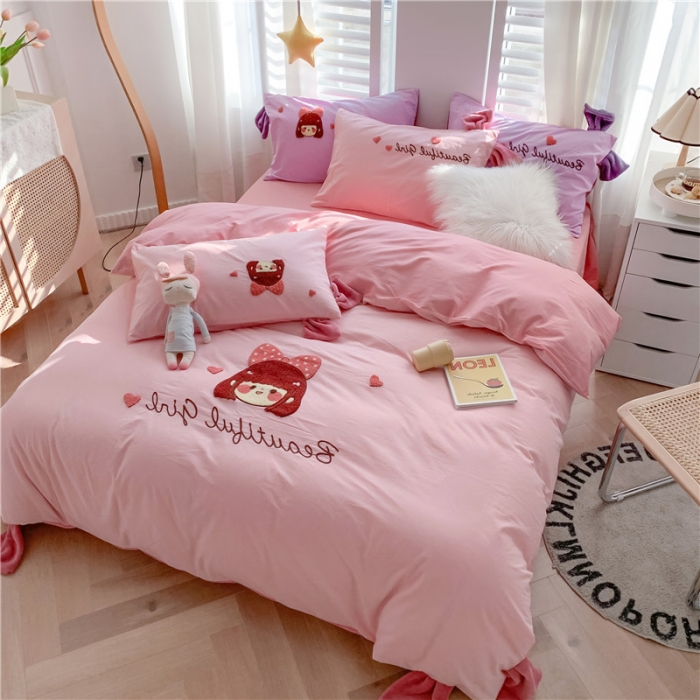 91家纺网 家纺一手货源 找家纺 蜜柚2021全棉水洗棉卡通毛巾绣小清新床单四件套可爱女孩-粉