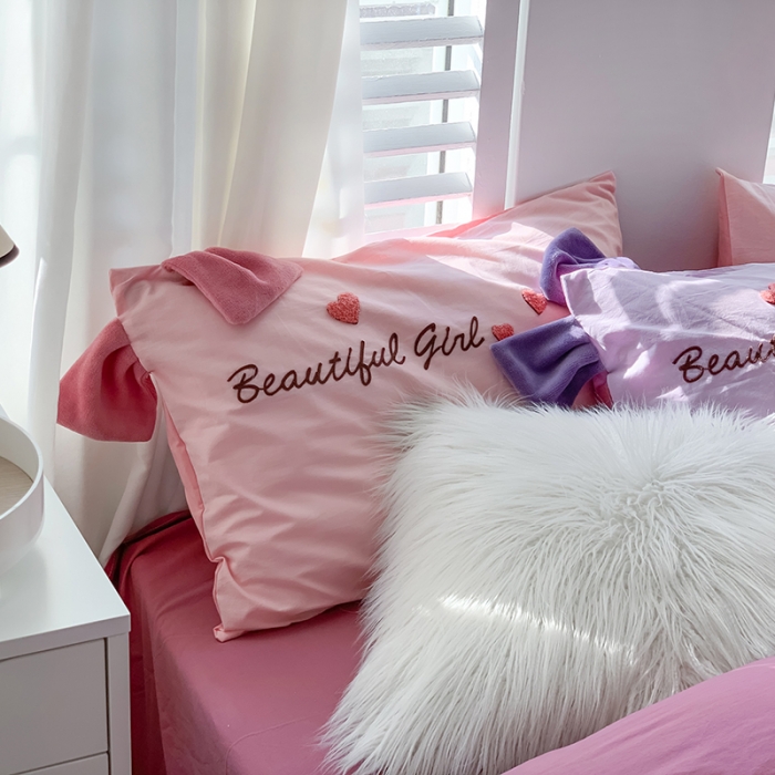 91家纺网 家纺一手货源 找家纺 蜜柚2021全棉水洗棉卡通毛巾绣小清新床单四件套可爱女孩-粉