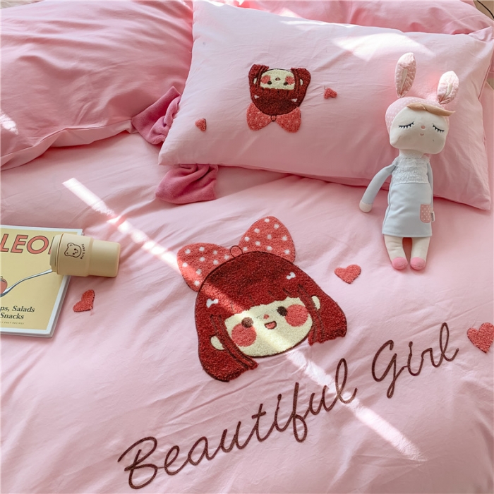 91家纺网 家纺一手货源 找家纺 蜜柚2021全棉水洗棉卡通毛巾绣小清新床单四件套可爱女孩-粉