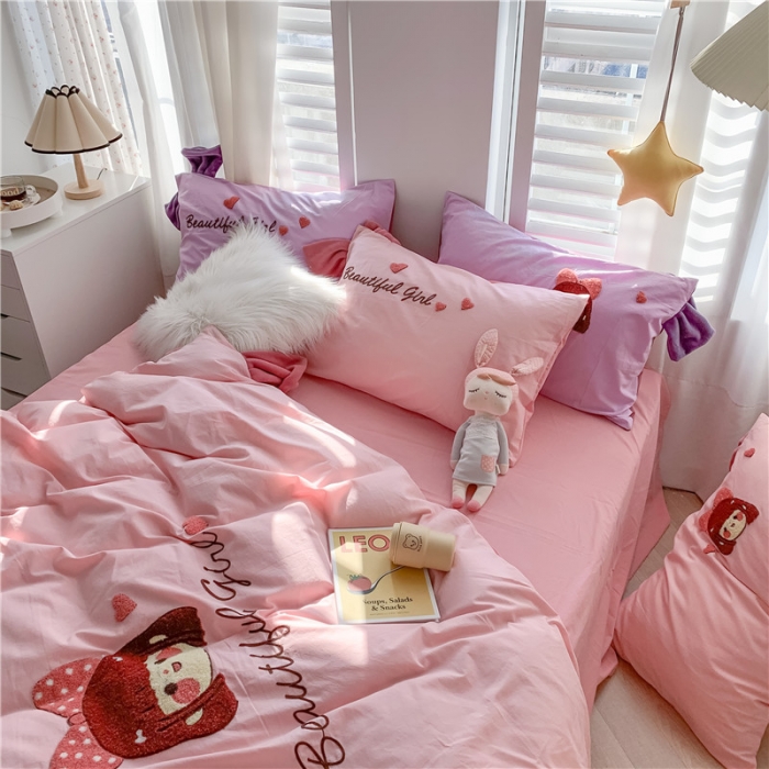 91家纺网 家纺一手货源 找家纺 蜜柚2021全棉水洗棉卡通毛巾绣小清新床单四件套可爱女孩-粉