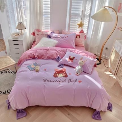 91家纺网 家纺一手货源 找家纺 蜜柚2021全棉水洗棉卡通毛巾绣小清新床单四件套可爱女孩-紫