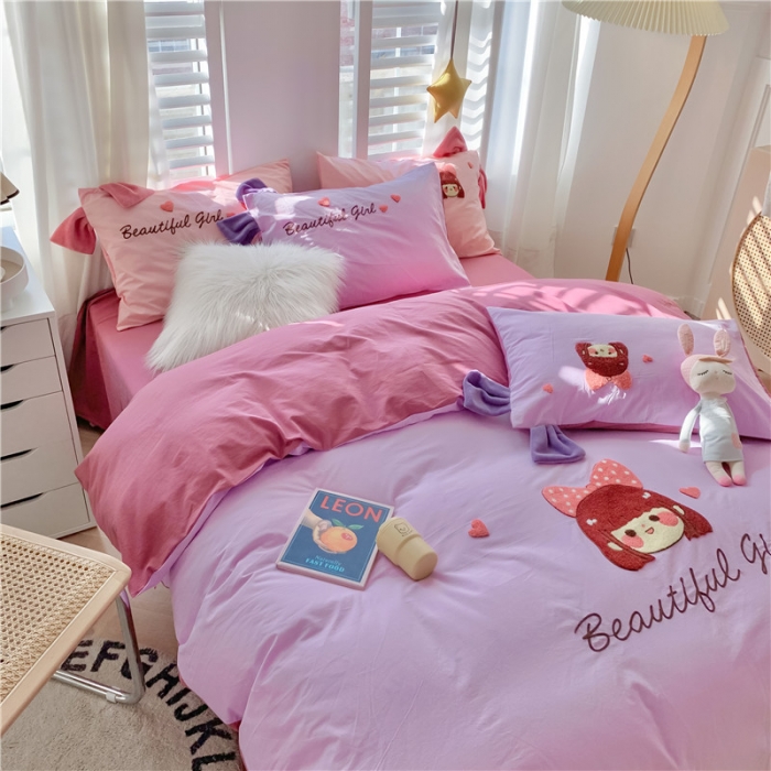 91家纺网 家纺一手货源 找家纺 蜜柚2021全棉水洗棉卡通毛巾绣小清新床单四件套可爱女孩-紫