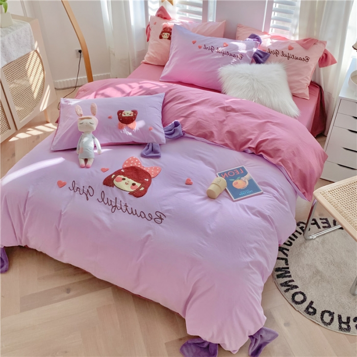 91家纺网 家纺一手货源 找家纺 蜜柚2021全棉水洗棉卡通毛巾绣小清新床单四件套可爱女孩-紫