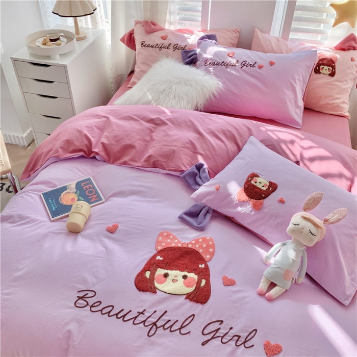 91家纺网 家纺一手货源 找家纺 蜜柚2021全棉水洗棉卡通毛巾绣小清新床单四件套可爱女孩-紫