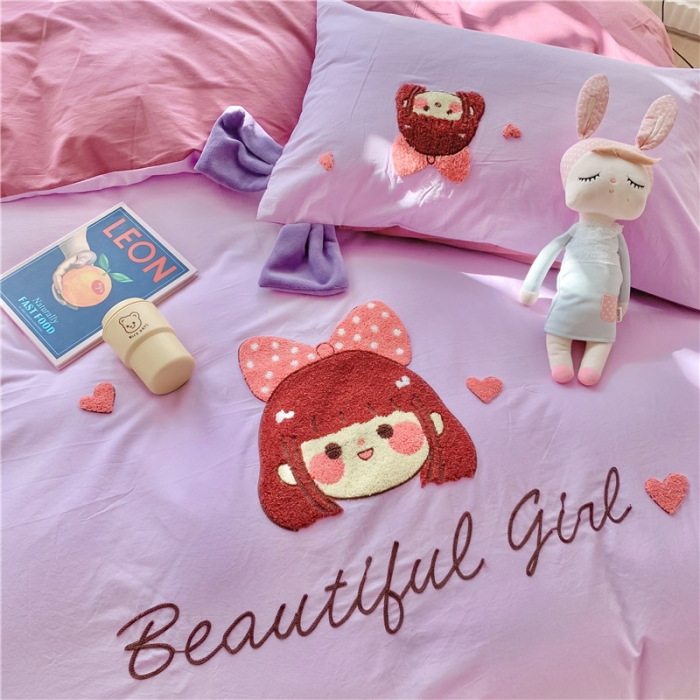 91家纺网 家纺一手货源 找家纺 蜜柚2021全棉水洗棉卡通毛巾绣小清新床单四件套可爱女孩-紫