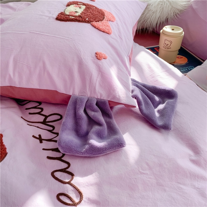 91家纺网 家纺一手货源 找家纺 蜜柚2021全棉水洗棉卡通毛巾绣小清新床单四件套可爱女孩-紫