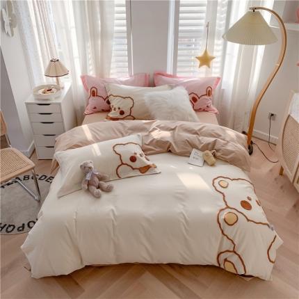 91家纺网 家纺一手货源 找家纺 蜜柚2021全棉水洗棉卡通毛巾绣小清新床单四件套萌萌熊-卡其