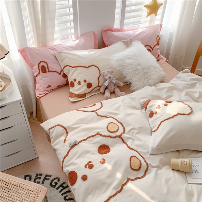 91家纺网 家纺一手货源 找家纺 蜜柚2021全棉水洗棉卡通毛巾绣小清新床单四件套萌萌熊-卡其