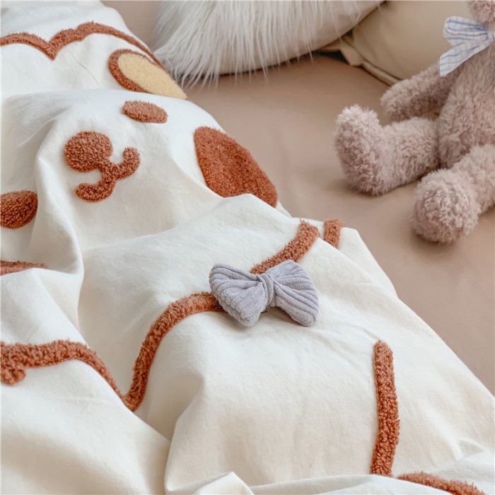 91家纺网 家纺一手货源 找家纺 蜜柚2021全棉水洗棉卡通毛巾绣小清新床单四件套萌萌熊-卡其