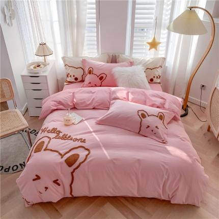91家纺网 家纺一手货源 找家纺 蜜柚2021全棉水洗棉卡通毛巾绣小清新床单四件套甜甜兔-粉玉