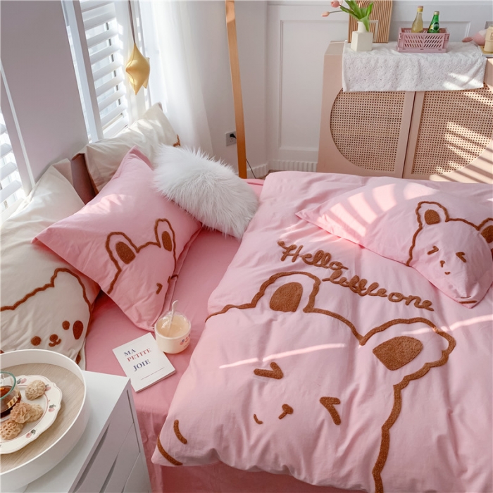 91家纺网 家纺一手货源 找家纺 蜜柚2021全棉水洗棉卡通毛巾绣小清新床单四件套甜甜兔-粉玉