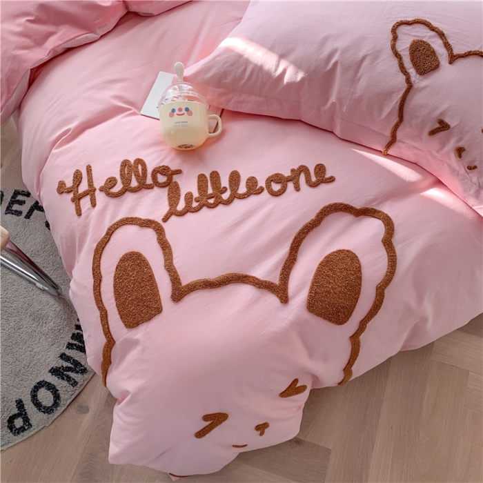91家纺网 家纺一手货源 找家纺 蜜柚2021全棉水洗棉卡通毛巾绣小清新床单四件套甜甜兔-粉玉