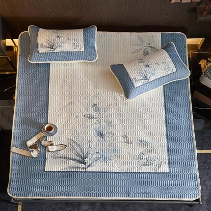 91家纺网 家纺一手货源 找家纺 凡客 2022春夏新款大版数码印花凉感丝乳胶凉席三件套 水墨