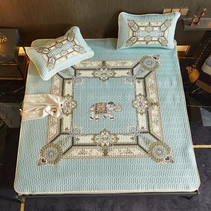 91家纺网 家纺一手货源 找家纺 凡客 2022春夏新款大版数码印花凉感丝乳胶凉席三件套 微凉